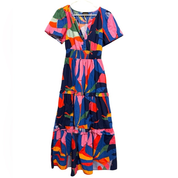 SugarLips Colorblock Abstract Print Smocked Waist Midi Dress | Size M - Picture 2 of 9